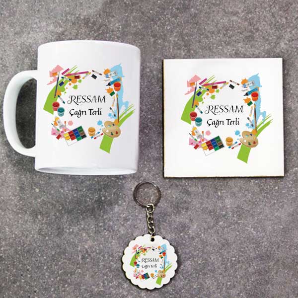 Ressam Kupa Bardak Altlık Ve Anahtarlık Hediye Seti