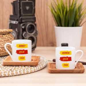  - Sarı Kırmızı Taraftar İkili İsimli Ahşap Altlıklı Türk Kahvesi Fincanı