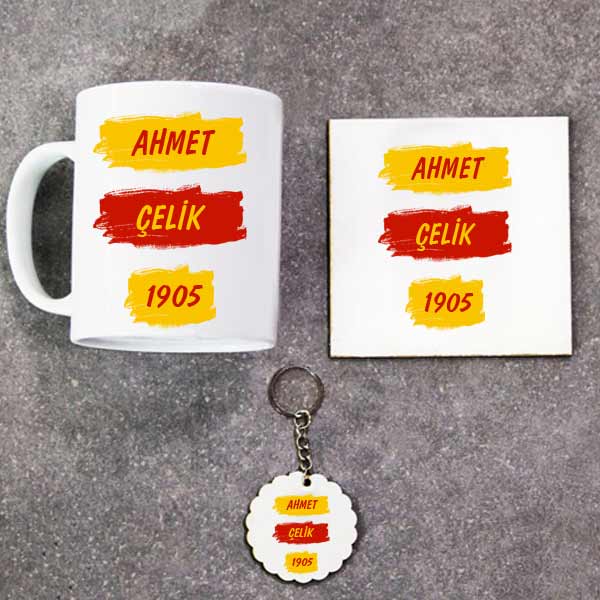 Sarı Kırmızı Taraftar Kupa Bardak Altlık Ve Anahtarlık Hediye Seti