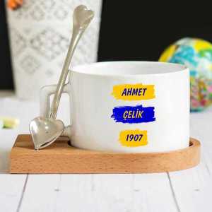  - Sarı Lacivert İsimli Taraftar Ahşap Altlıklı Lüks Fincan Seti