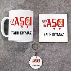 - Şef Aşçı Kupa Bardak Altlık ve Anahtarlık Hediye Seti  - Şef Aşçı Kupa Bardak Altlık ve Anahtarlık Hediye Seti