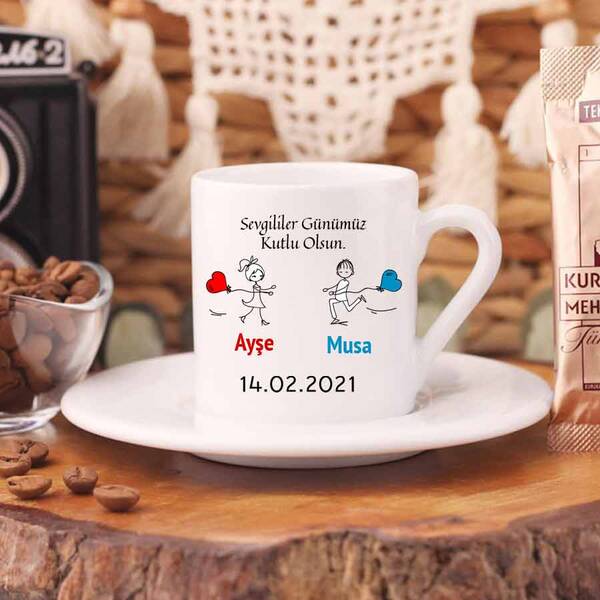 Sevgililer Günümüz Kutlu Olsun Temalı Türk Kahvesi Fincanı