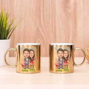  - Sevgiliye Hediye Mutlu Çiftler Karikatürlü İkili Aynalı Gold Kupa Bardak