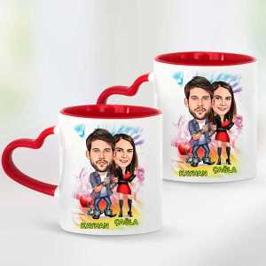  - Sevgiliye Hediye Mutlu Çiftler Karikatürlü İkili Kalpli Kırmızı Kupa Bardak