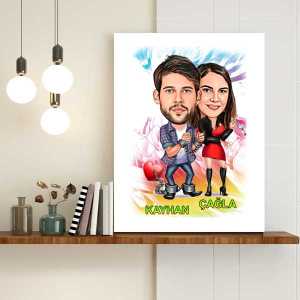  - Sevgiliye Hediye Mutlu Çiftler Karikatürlü Kanvas Tablo