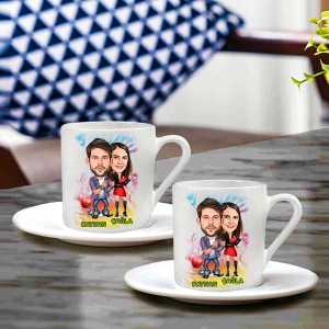  - Sevgiliye Hediye Mutlu Çiftler Karikatürlü Türk Kahvesi Fincan Seti