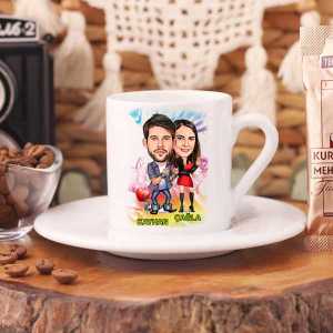 Sevgiliye Hediye Mutlu Çiftler Karikatürlü Türk Kahvesi Fincanı - Thumbnail