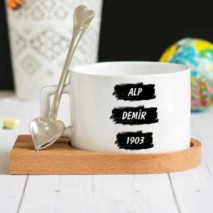  - Siyah Beyaz İsimli Taraftar Ahşap Altlıklı Lüks Fincan Seti