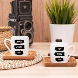  - Siyah Beyaz Taraftar İkili İsimli Ahşap Altlıklı Türk Kahvesi Fincanı