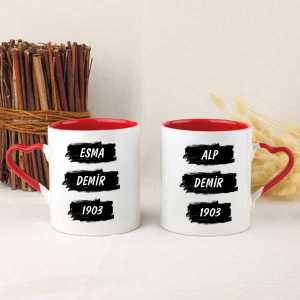  - Siyah Beyaz Taraftar Kupa Bardak İkili Kalpli Kırmızı Kupa Bardak