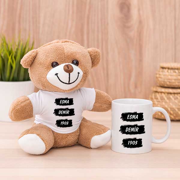 Siyah Beyaz Taraftar Peluş Ayıcık Ve Kupa Bardak