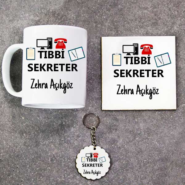 Tıbbi Sekreter Kupa Bardak Altlık ve Anahtarlık Hediye Seti