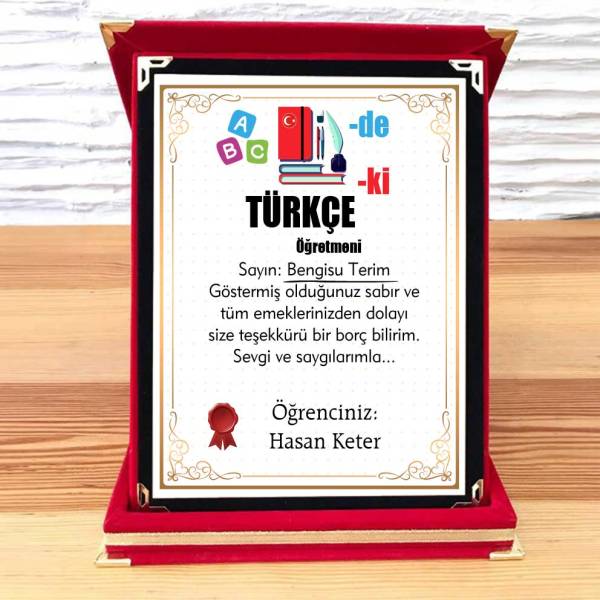 Türkçe Öğretmenine Hediye Plaket