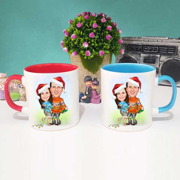 Yılbaşı Çiftleri Karikatürlü Kırmızı Ve Mavi Kupa Bardak
