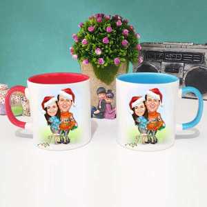  - Yılbaşı Çiftleri Karikatürlü Kırmızı ve Mavi Kupa Bardak